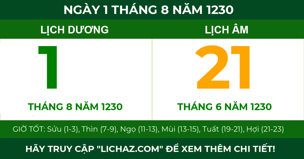 lịch âm ngày 1 tháng 8 năm 1230