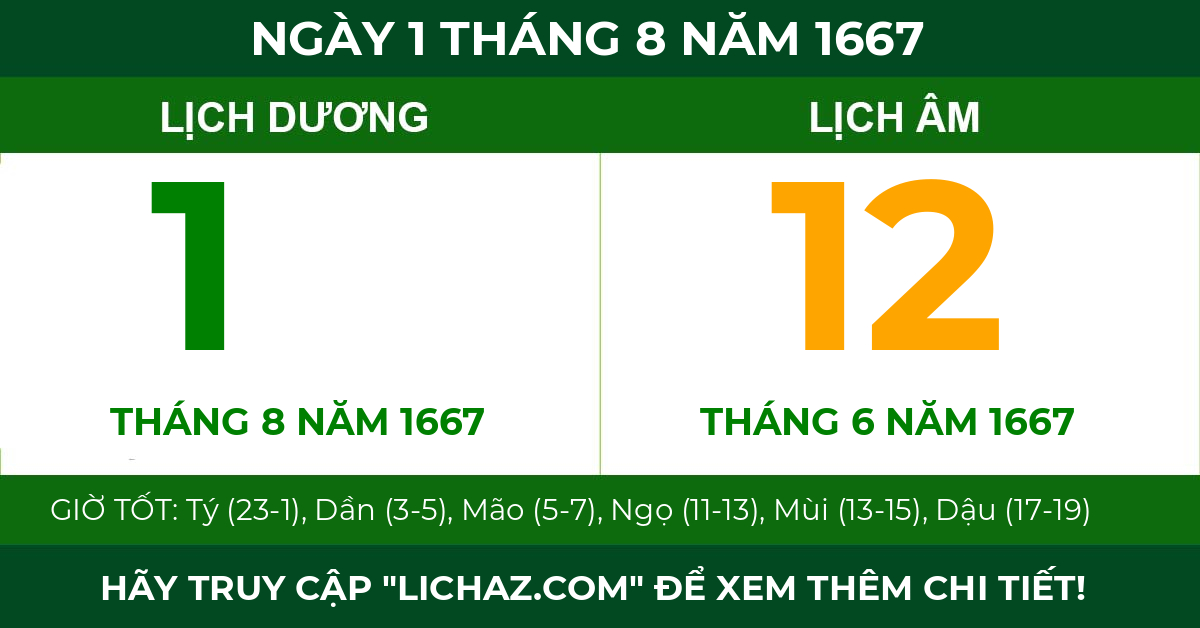 lịch âm ngày 1 tháng 8 năm 1667