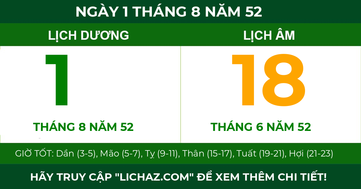 lịch âm ngày 1 tháng 8 năm 52