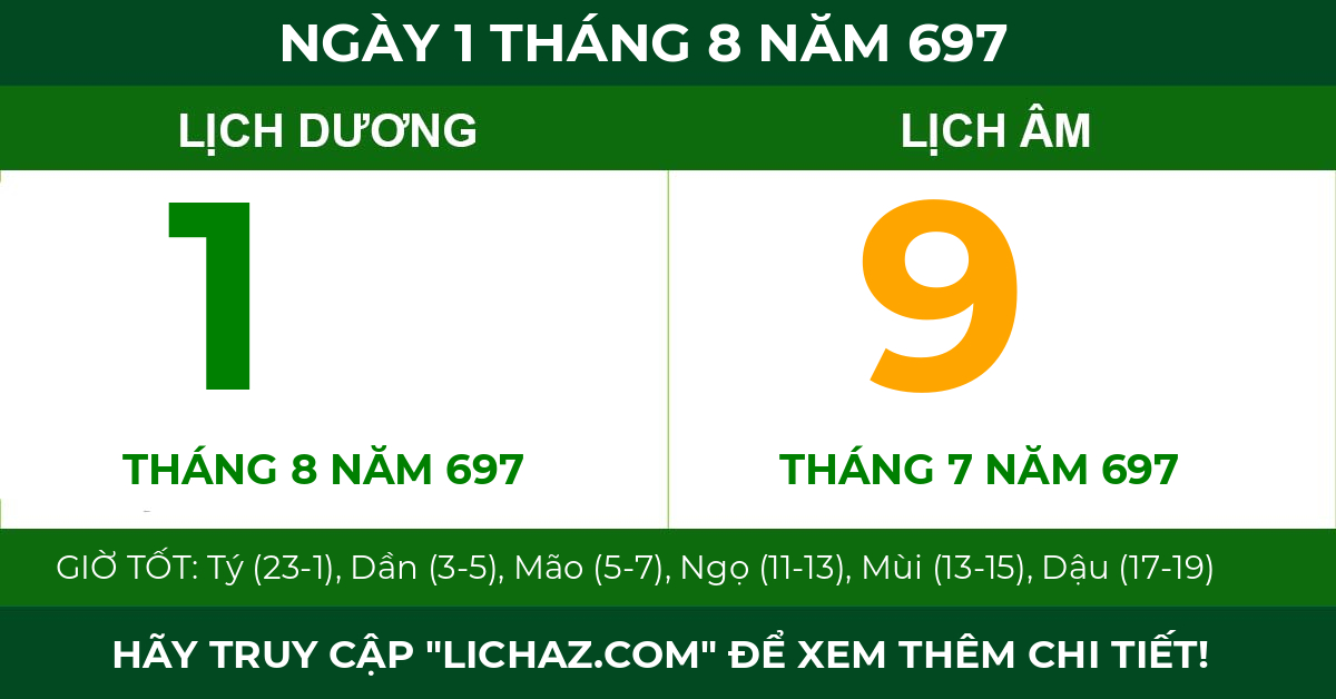 lịch âm ngày 1 tháng 8 năm 697