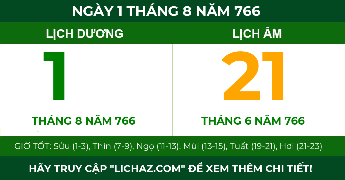 lịch âm ngày 1 tháng 8 năm 766