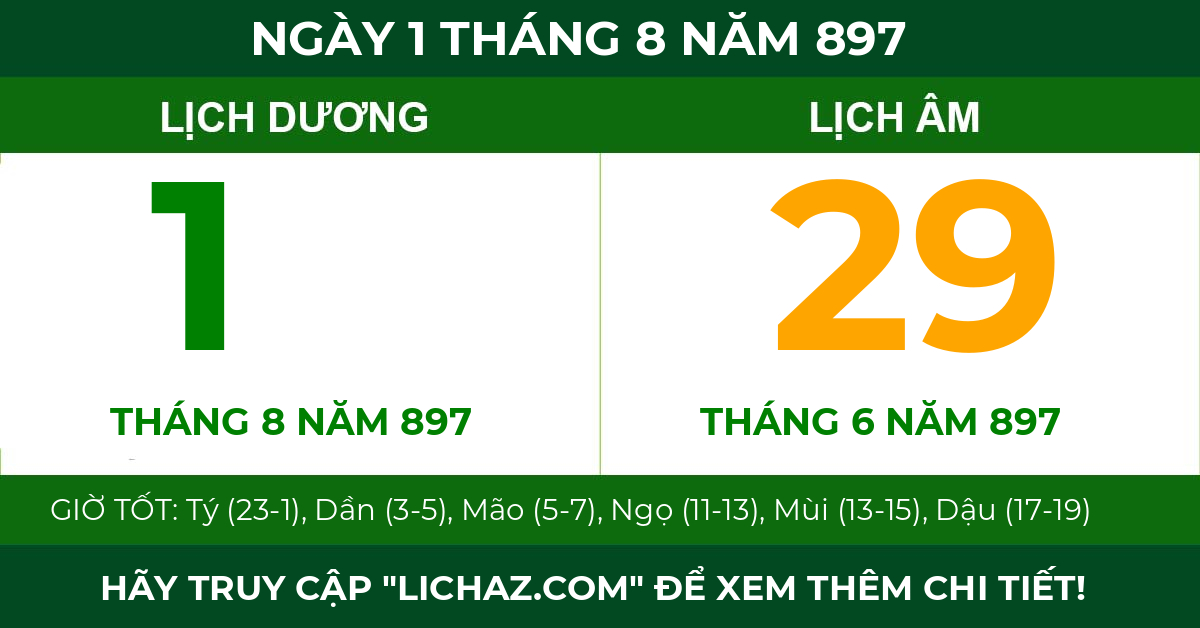 lịch âm ngày 1 tháng 8 năm 897