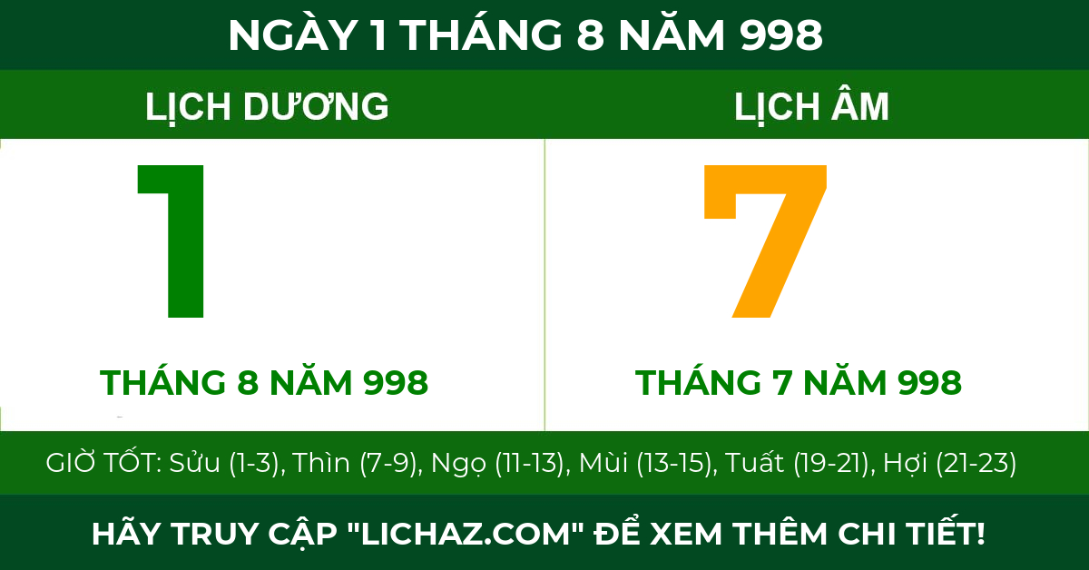 lịch âm ngày 1 tháng 8 năm 998