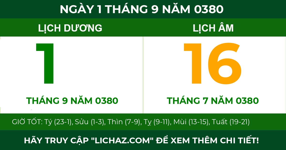 lịch âm ngày 1 tháng 9 năm 0380