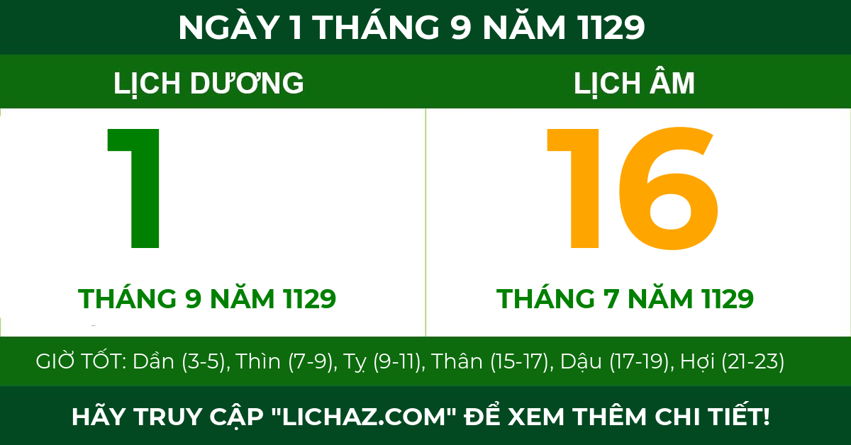 lịch âm ngày 1 tháng 9 năm 1129