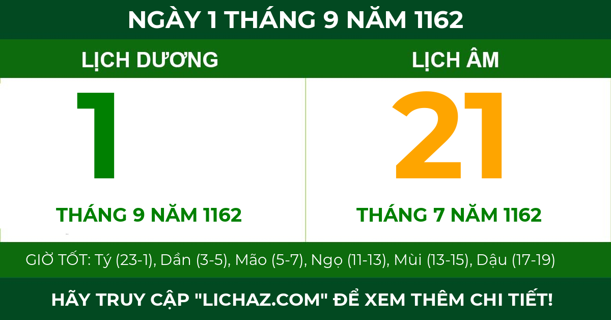 lịch âm ngày 1 tháng 9 năm 1162