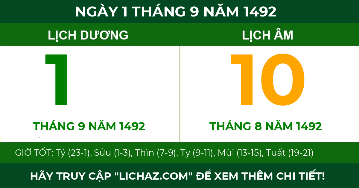lịch âm ngày 1 tháng 9 năm 1492