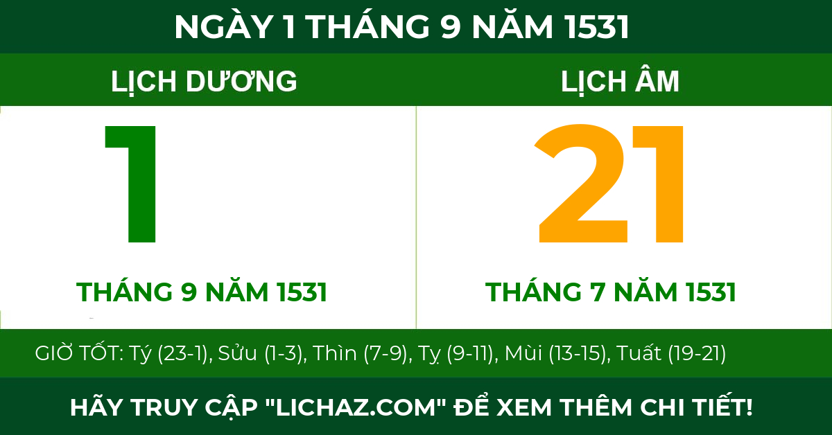 lịch âm ngày 1 tháng 9 năm 1531