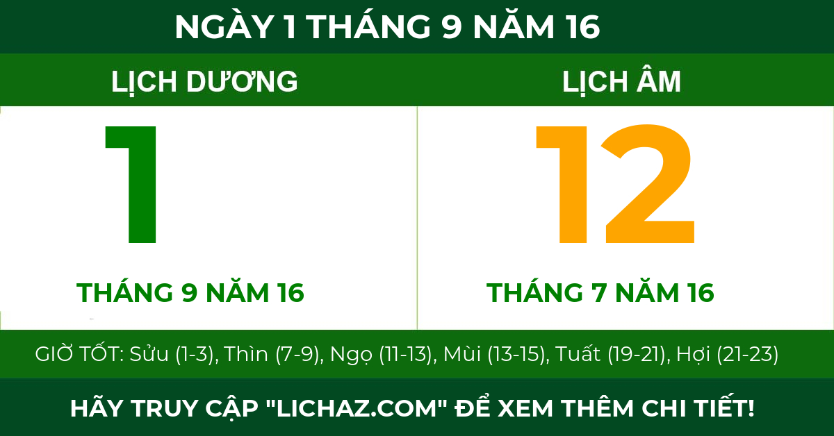 lịch âm ngày 1 tháng 9 năm 16