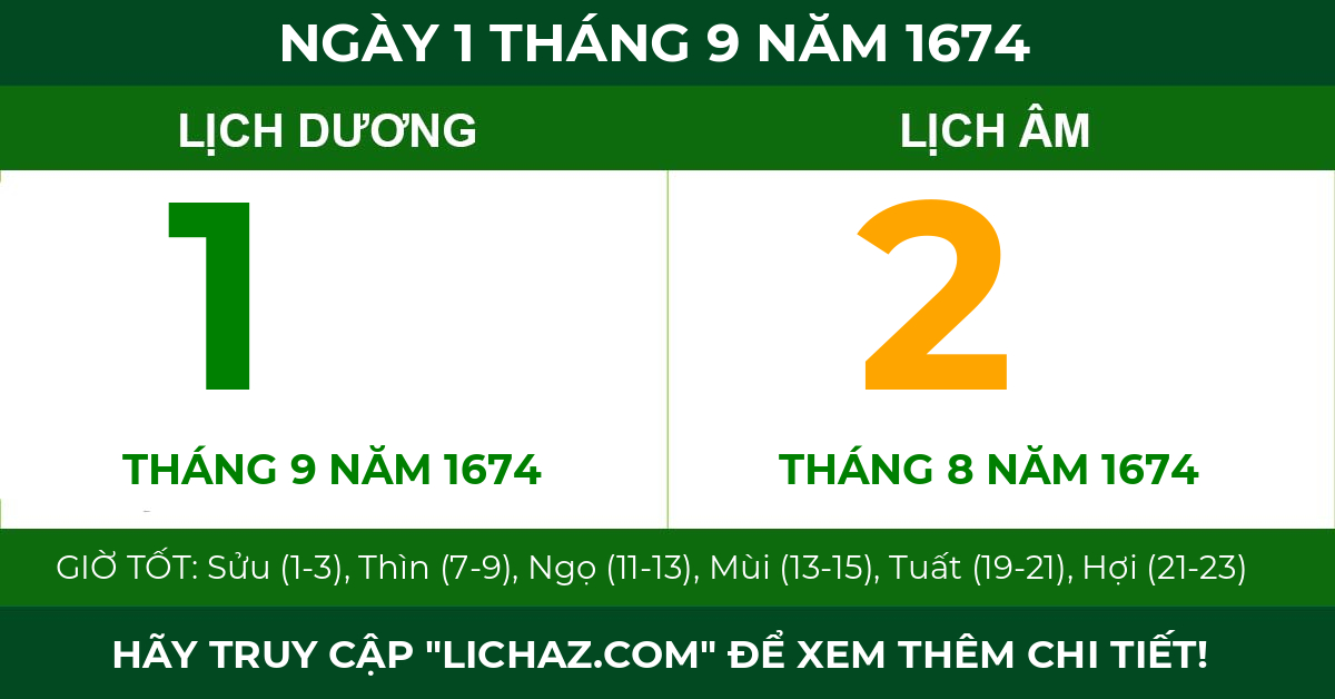 lịch âm ngày 1 tháng 9 năm 1674
