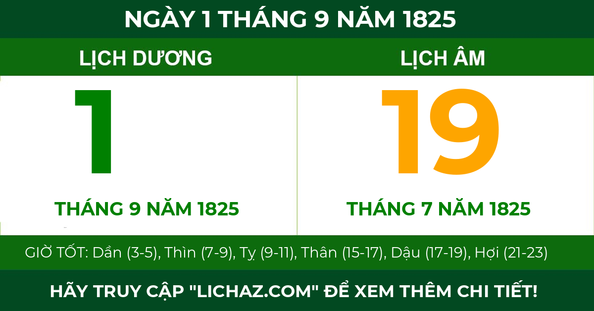 lịch âm ngày 1 tháng 9 năm 1825