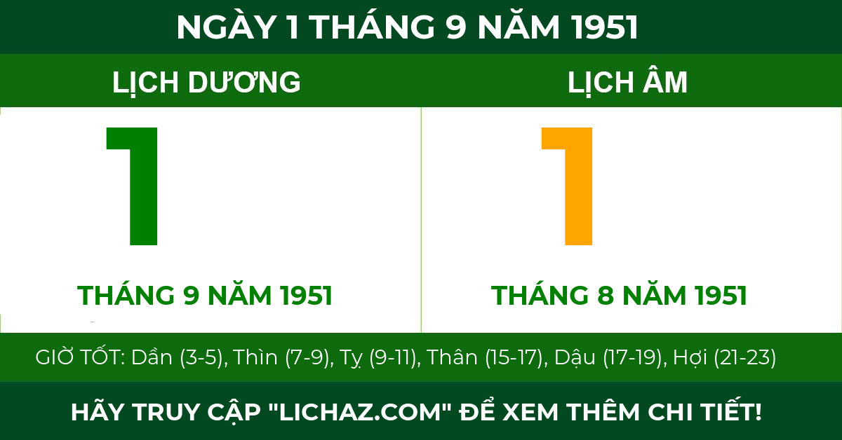 lịch âm ngày 1 tháng 9 năm 1951