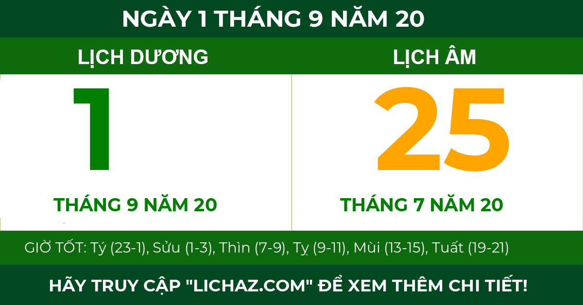 lịch âm ngày 1 tháng 9 năm 20