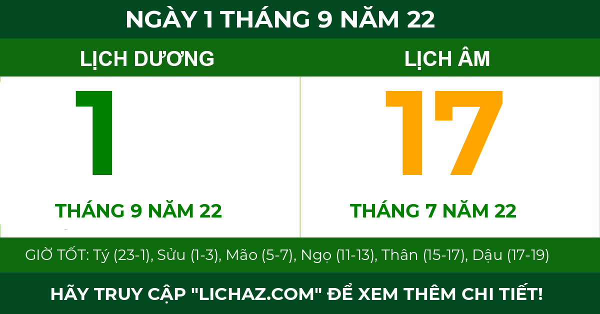 lịch âm ngày 1 tháng 9 năm 22