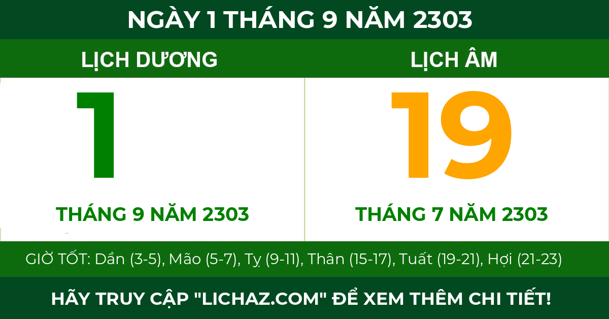 lịch âm ngày 1 tháng 9 năm 2303