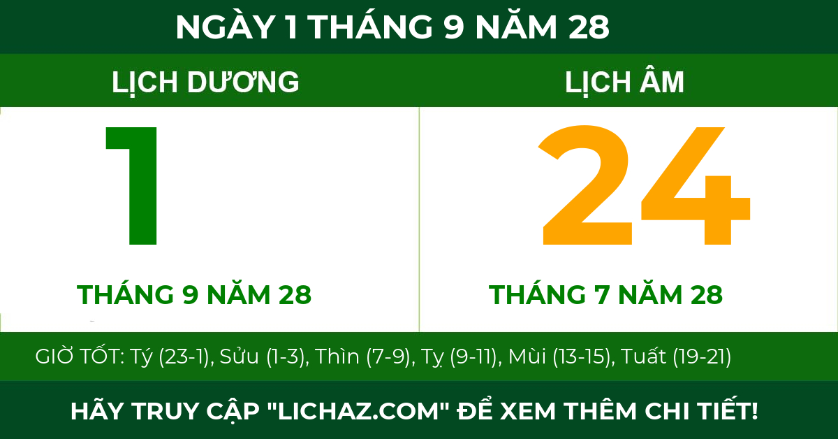 lịch âm ngày 1 tháng 9 năm 28