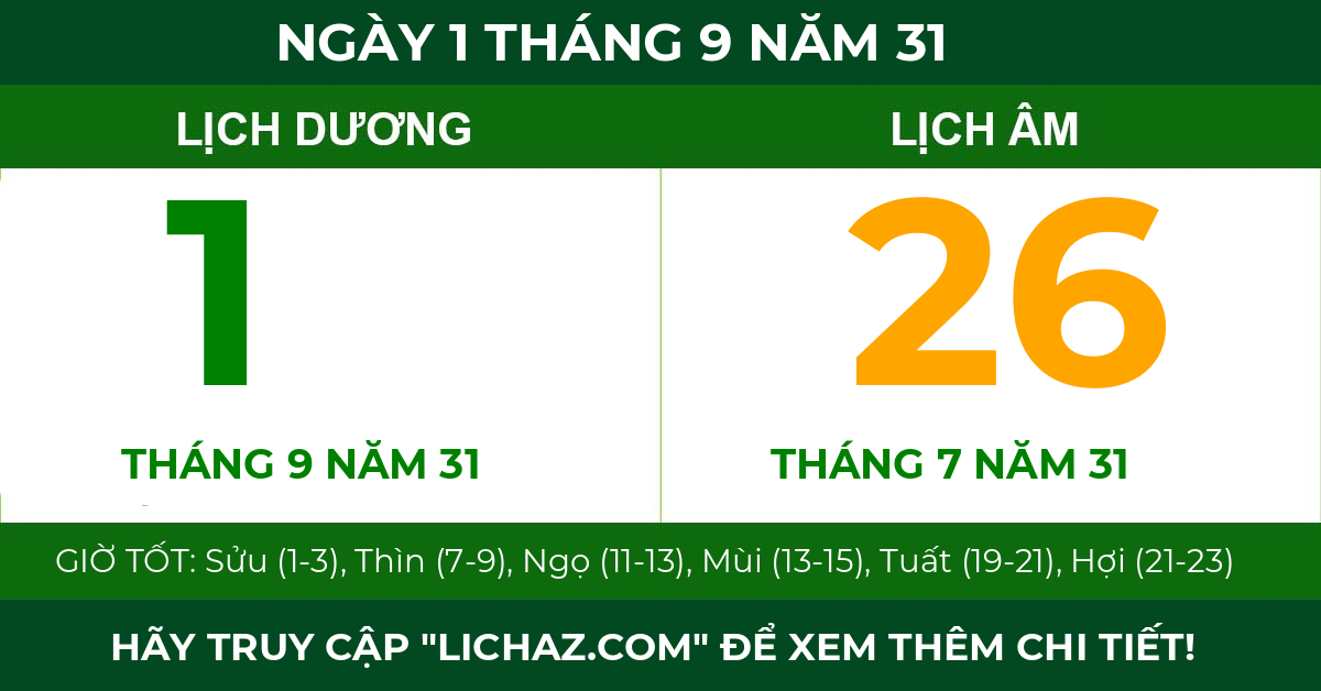 lịch âm ngày 1 tháng 9 năm 31