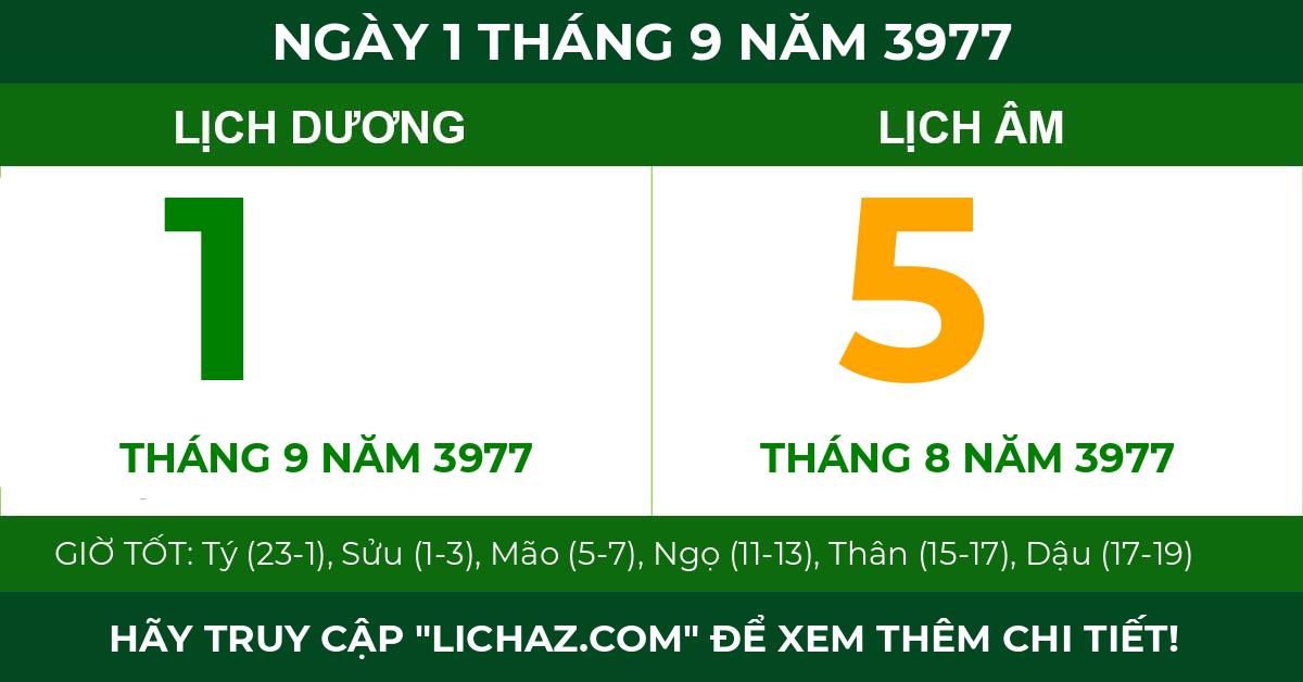 lịch âm ngày 1 tháng 9 năm 3977