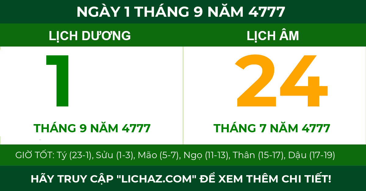lịch âm ngày 1 tháng 9 năm 4777