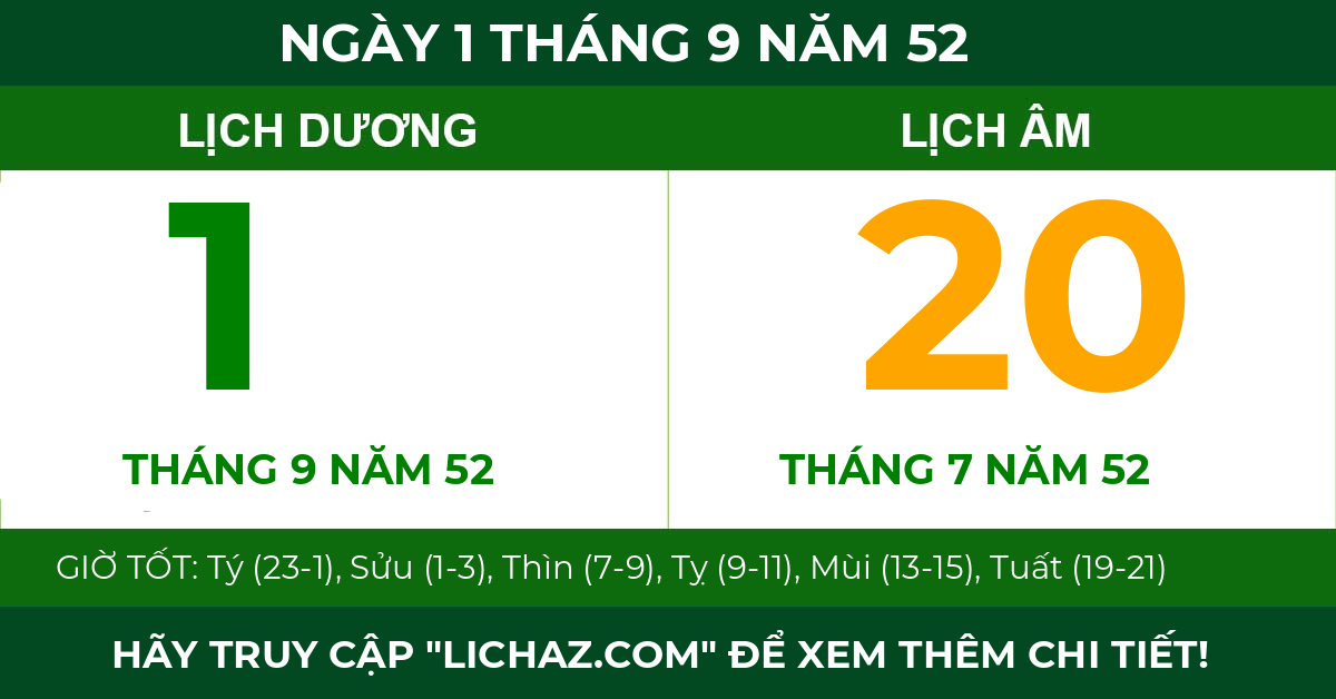 lịch âm ngày 1 tháng 9 năm 52