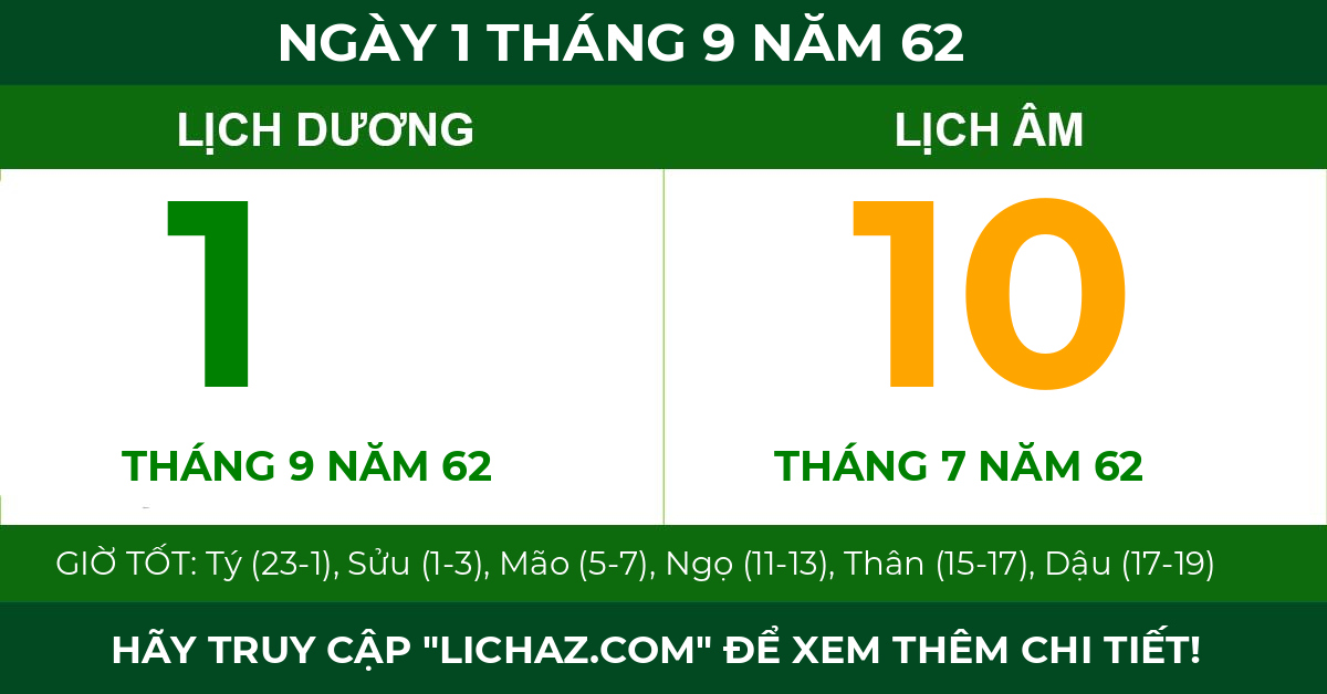 lịch âm ngày 1 tháng 9 năm 62