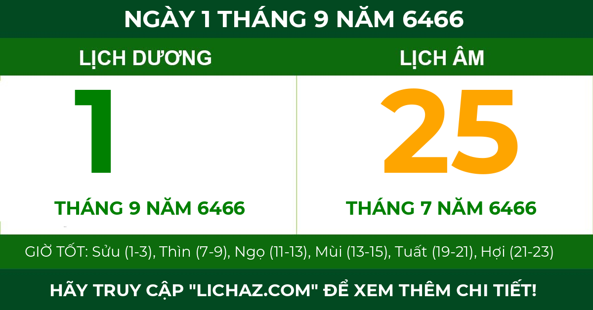 lịch âm ngày 1 tháng 9 năm 6466