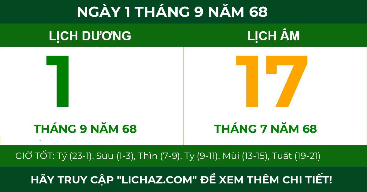 lịch âm ngày 1 tháng 9 năm 68