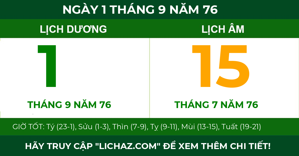 lịch âm ngày 1 tháng 9 năm 76