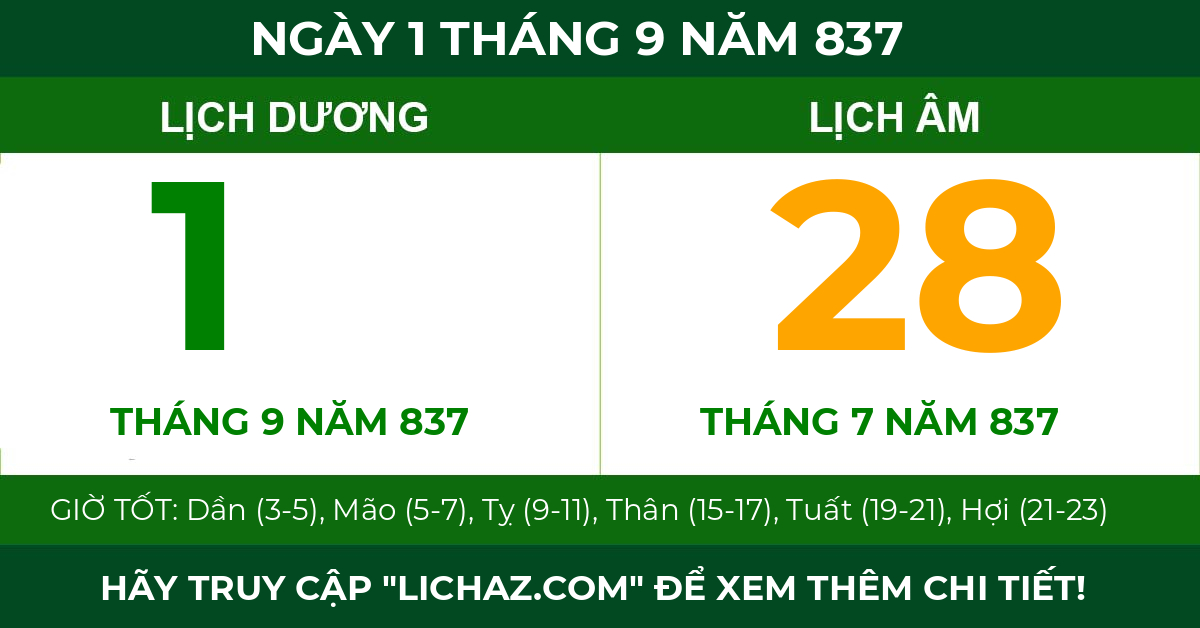 lịch âm ngày 1 tháng 9 năm 837
