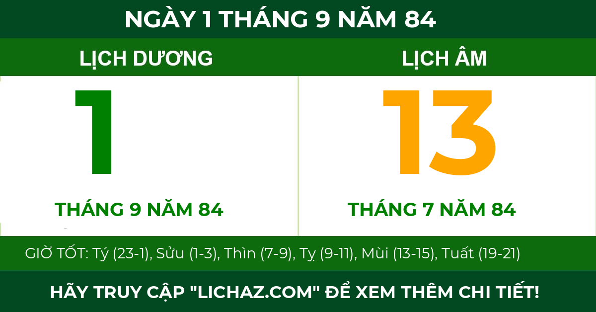 lịch âm ngày 1 tháng 9 năm 84