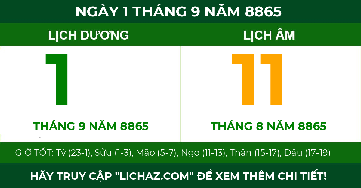 lịch âm ngày 1 tháng 9 năm 8865