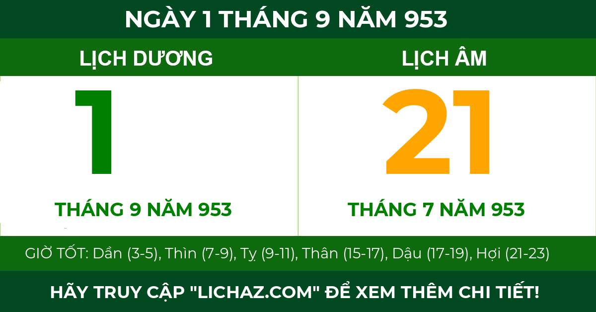 lịch âm ngày 1 tháng 9 năm 953
