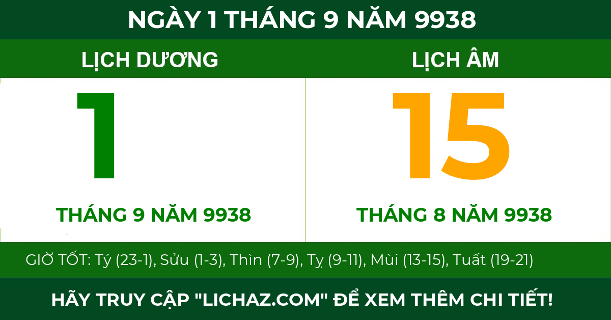 lịch âm ngày 1 tháng 9 năm 9938