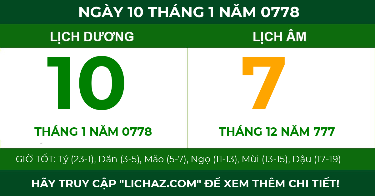 lịch âm ngày 10 tháng 1 năm 0778