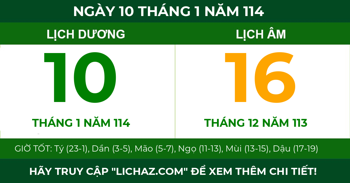 lịch âm ngày 10 tháng 1 năm 114