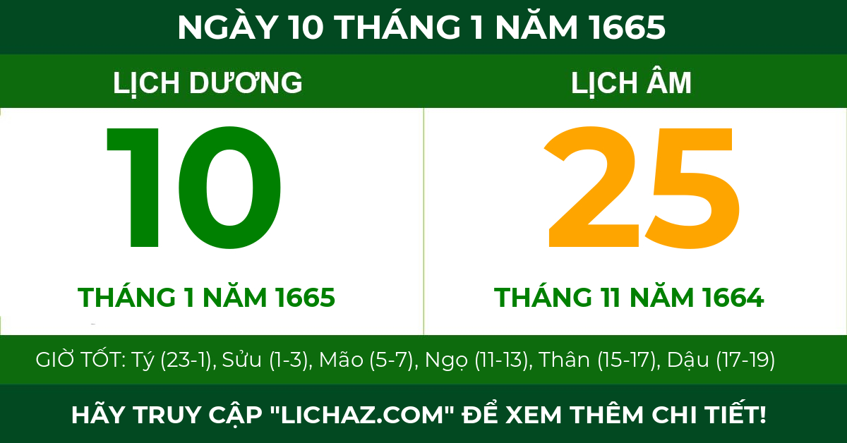 lịch âm ngày 10 tháng 1 năm 1665