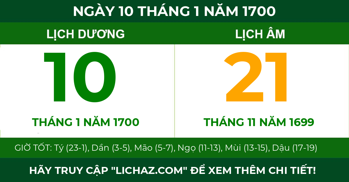 lịch âm ngày 10 tháng 1 năm 1700