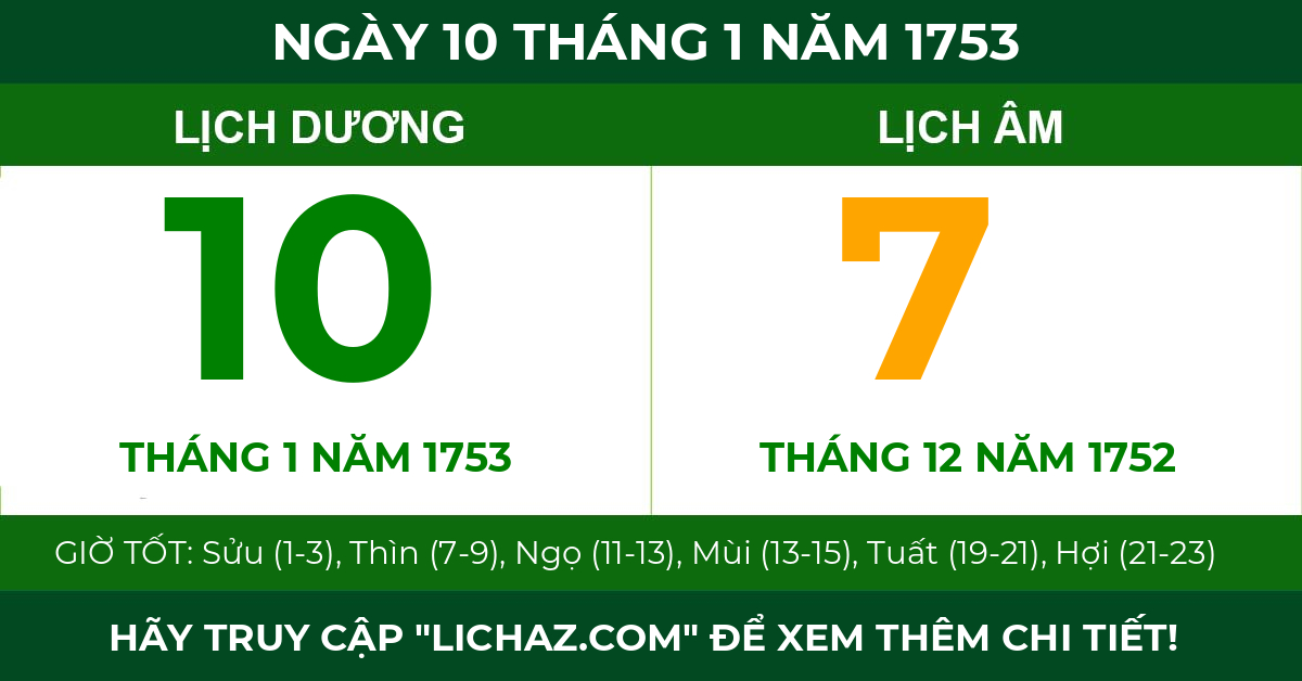 lịch âm ngày 10 tháng 1 năm 1753