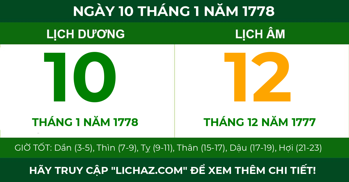 lịch âm ngày 10 tháng 1 năm 1778