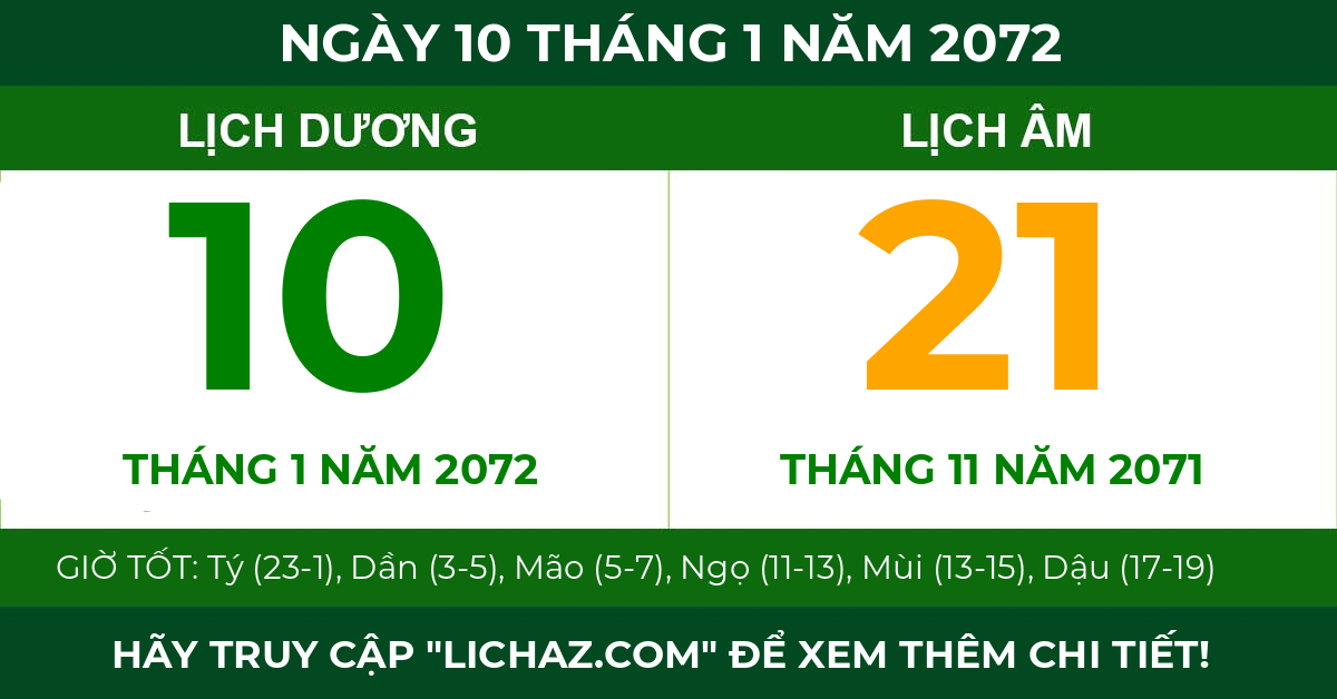 lịch âm ngày 10 tháng 1 năm 2072