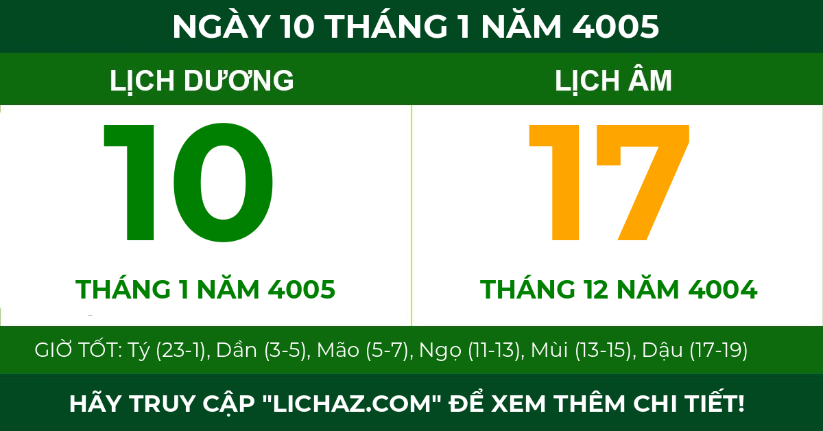 lịch âm ngày 10 tháng 1 năm 4005