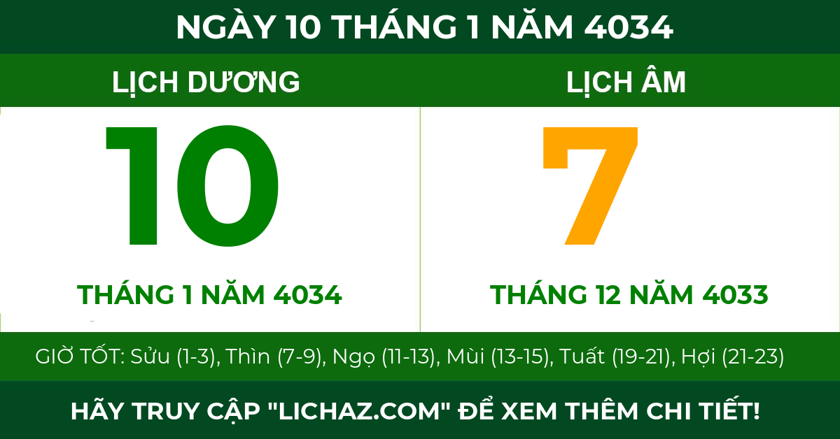lịch âm ngày 10 tháng 1 năm 4034