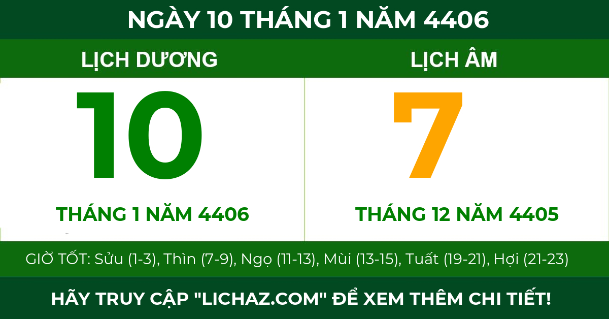 lịch âm ngày 10 tháng 1 năm 4406