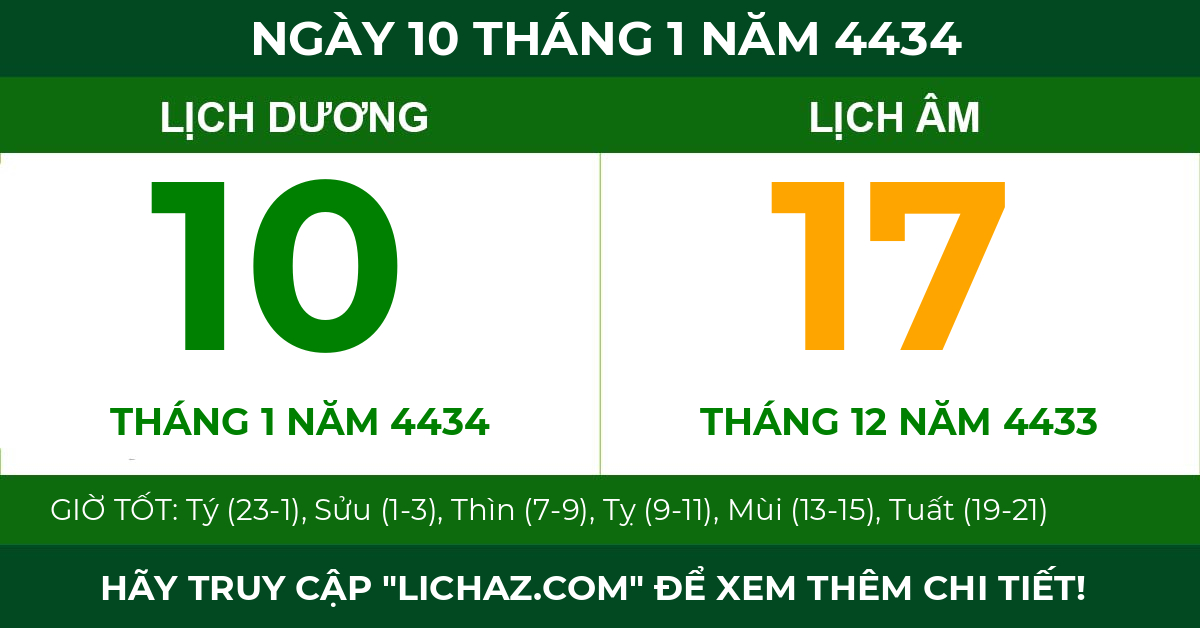 lịch âm ngày 10 tháng 1 năm 4434