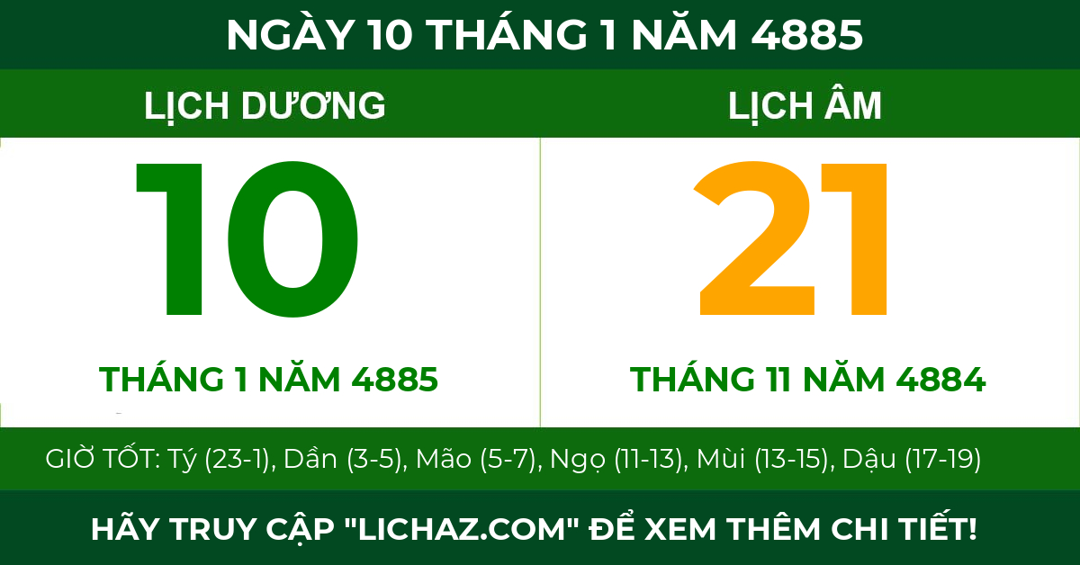 lịch âm ngày 10 tháng 1 năm 4885
