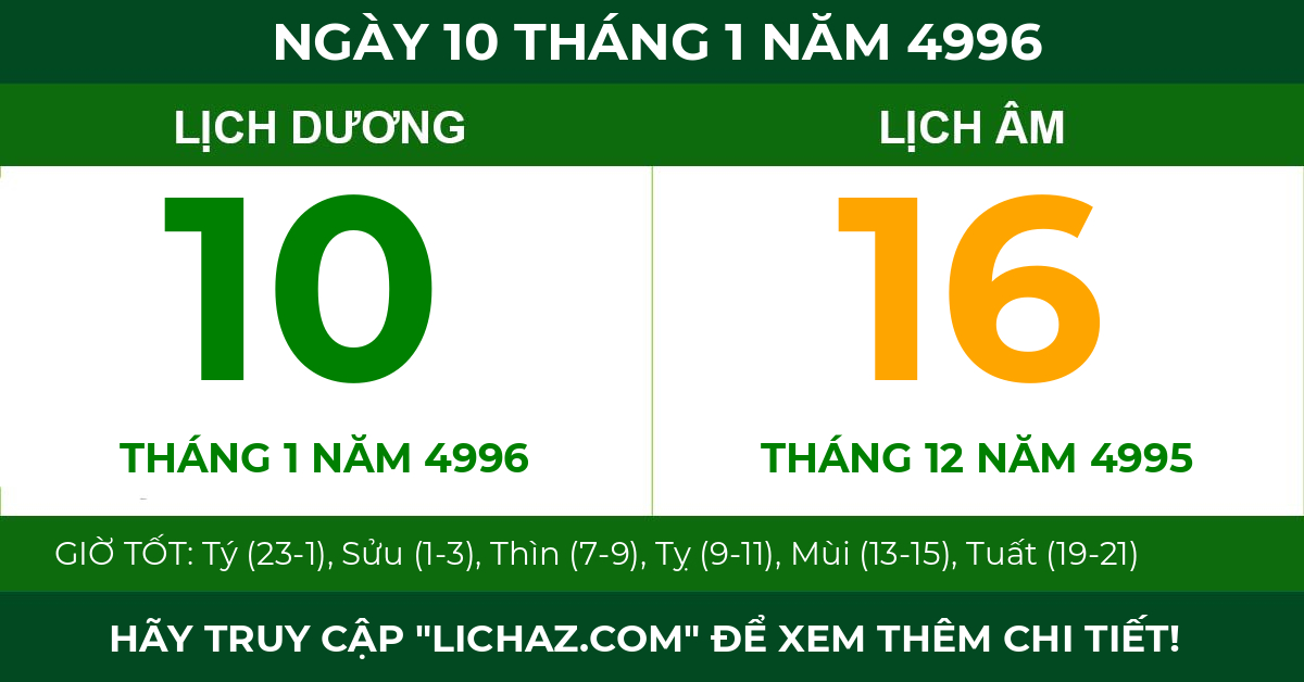 lịch âm ngày 10 tháng 1 năm 4996