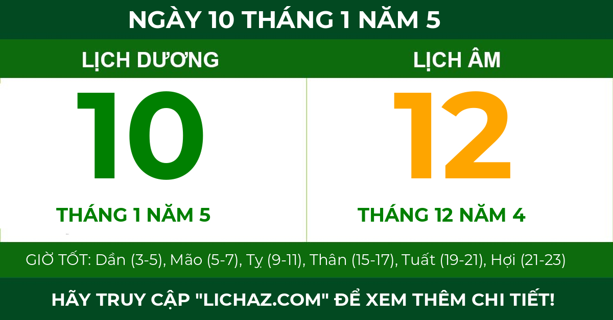 lịch âm ngày 10 tháng 1 năm 5