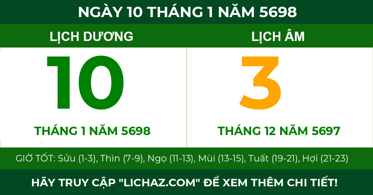 lịch âm ngày 10 tháng 1 năm 5698