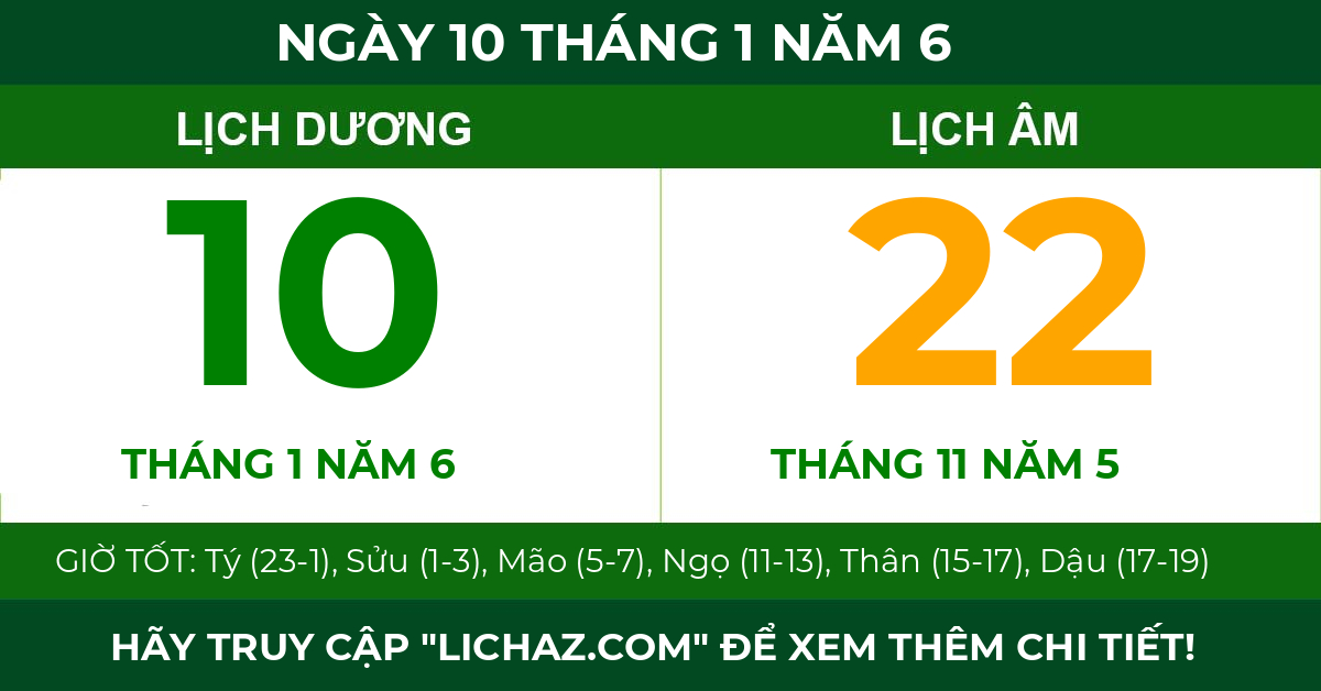 lịch âm ngày 10 tháng 1 năm 6