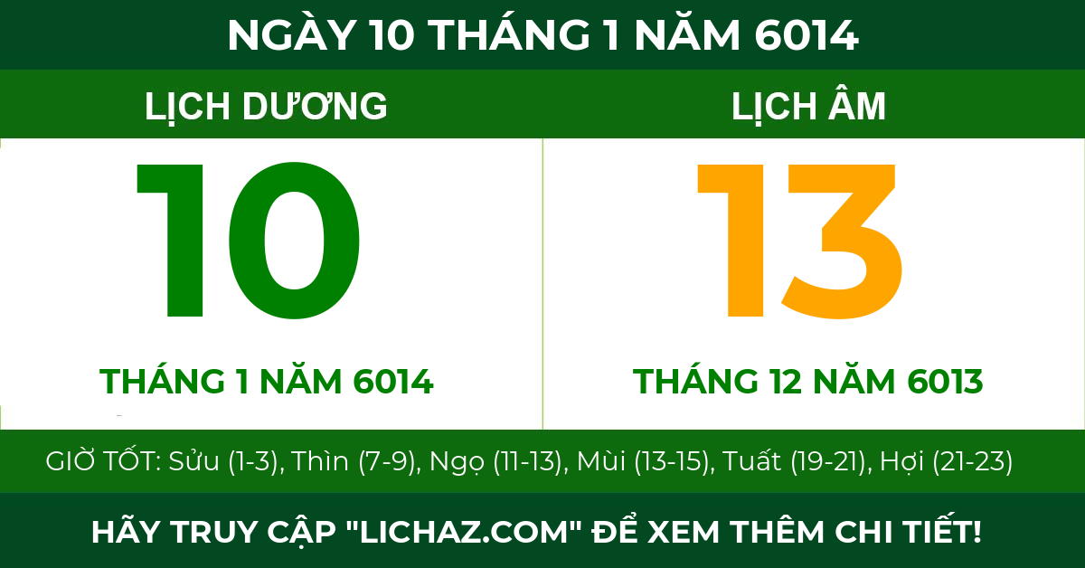 lịch âm ngày 10 tháng 1 năm 6014